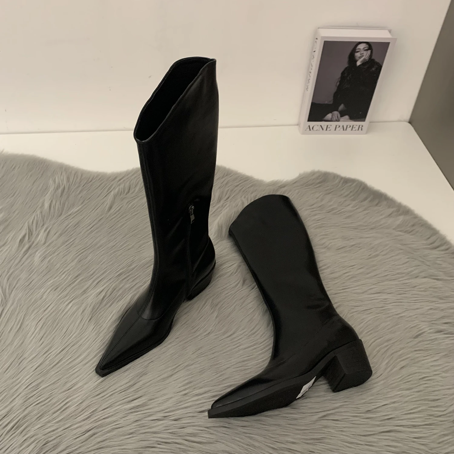 Long Boots New Solid Color Pointed Toe Chunky Heel Knee Boots Side Zipper Trendy Versatile Boots for Woman