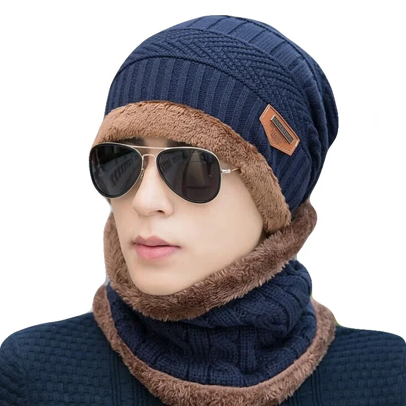Winter Hat For Men Fleece Scarf Women Neck Leather Knitted Cap Thick Wool Neck Warmer Balaclava Ski Mask Skullies Beanies images - 6
