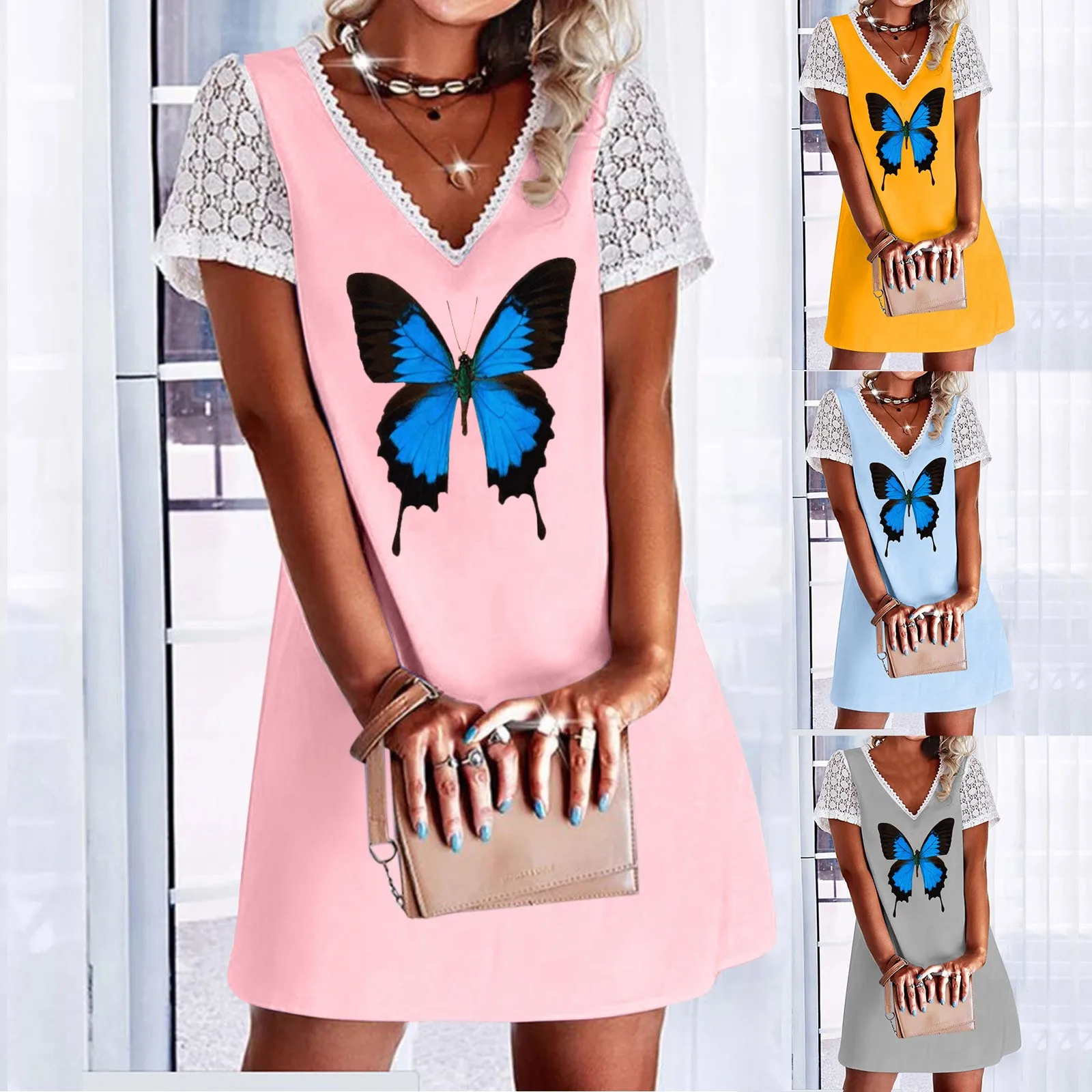 

Женское платье с V-образным вырезом, кружевом и принтом бабочек