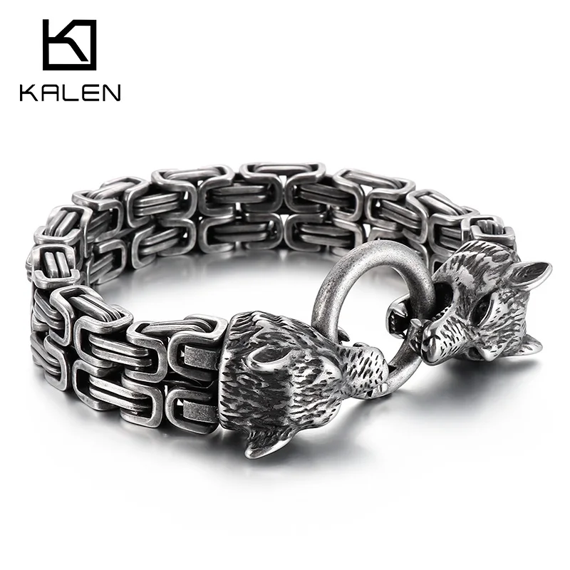 

Double Layer Metal Wolf Head Bracelet for Men Stainless Steel Byzantine Link Chain with Spring Ring Clasp Biker Punk Jewelry