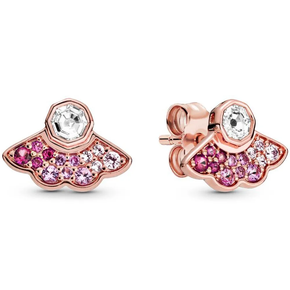 

Authentic 925 Sterling Silver Sparkling Pink Fan With Crystal Stud Earrings For Women Wedding Gift Fashion Jewelry