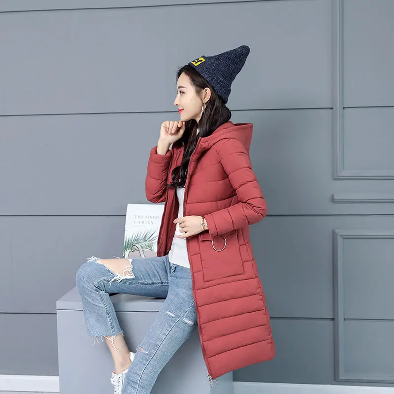Korean Fashion Warn Down Parkas Women Hooded Winter Jacket Slim Down Cotton Long Coat Solid Casual Female Oversize Thick Outwear