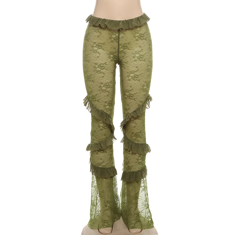 Сексуальные прозрачные зеленые кружевные брюки-клеш с рюшами женские брюки для