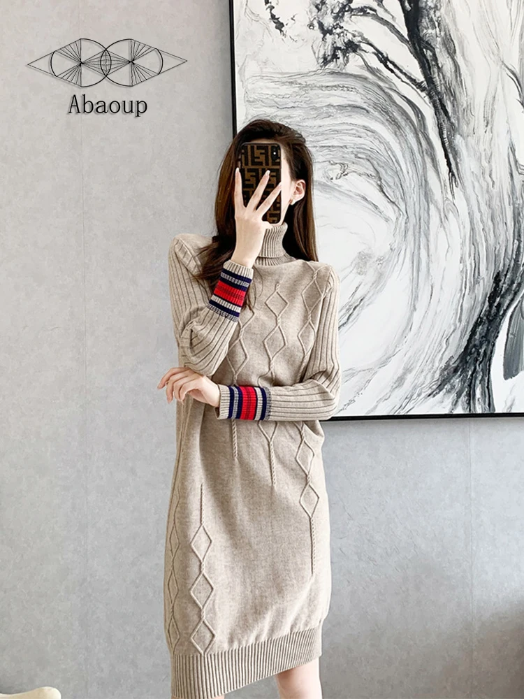 

Abaoup Autumn 2022 Women dress Thickened soft knitting Geometric pattern Knee-Length Long sleeve skirt Bottom skirt khaki