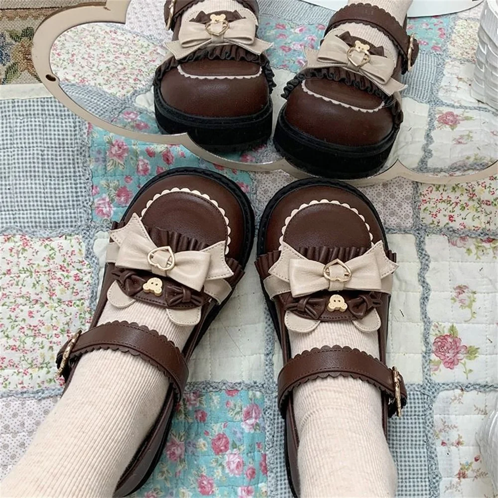 Kawaii Bowknot Bear Lolita Shoes Japanese JK Uniform Shoes Retro British College Style Female Student Lovely Round Toe Shoes