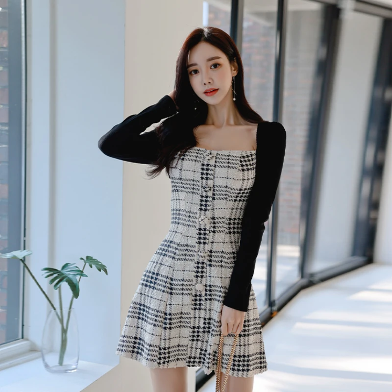 

2022 Korean Style Spring Temperament Long Sleeve Breasted Contrast Color Slim Dress Women Fashion Casual High Quality Mini Dress