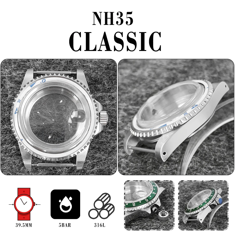

39.5mm Watch Case Retro Magnifying Glass Transparent Steel Case Acrylic Glass Bi-directional Rotation for NH35/36 Movement