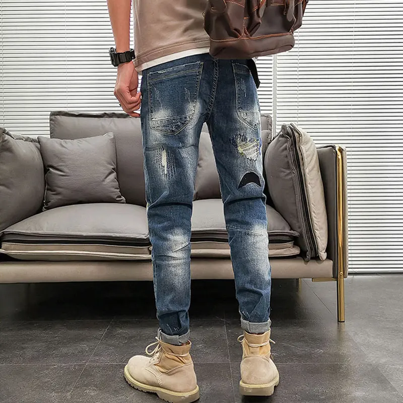Streetwear Fashion Men Jeans Elastic Slim Fit Destroyed Ripped Jeans Men Embroidery Patches Designer Hip Hop Denim Punk Pants