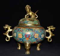 12 tibetan temple collection old bronze cloisonne enamel lion cover dragon ear three legged incense burner ornament town house