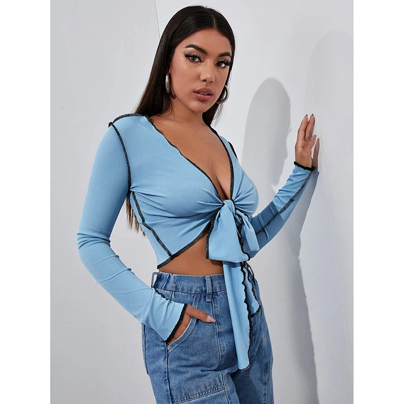 

Women's 2022 Lace-up Chest Knotted Sexy Chest Wrap V-neck Long Sleeve Bodkin T-shirt