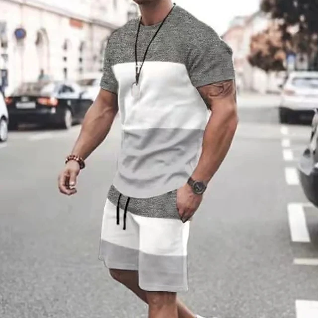 Men Clothes 3D Printed T-shirt Suits Color Block Graphic 2023 Summer Hot Sale Designer Round Neck Ropa Short Sleeve 2 Pcs