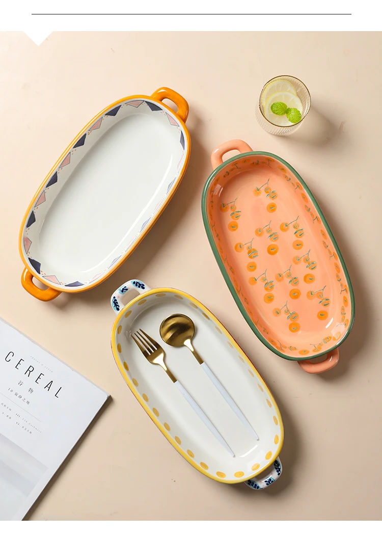 

Original Single Hand-painted Baking Tray Double Ear Cheese Plate Rice Microwave Oven Special Vaisselle Cuisine Fruit Trayтарелка