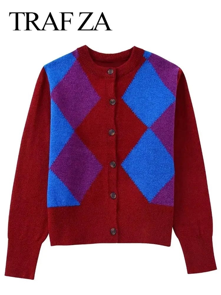 

TRAF ZA Women's Fashion Argyle Sweater Knitted Coat Crew Neck Long Sleeve Single Breasted Tops Female Casual Sweater Cardigan
