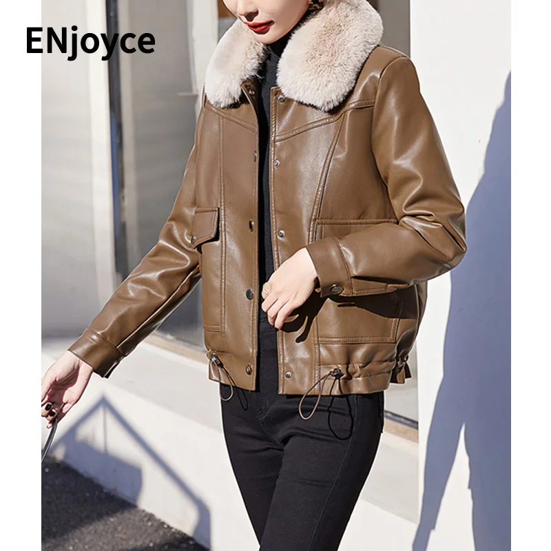 Winter Large Fur Collar Detachable Washed Leather Jackets Women Fashion Short Motorcycle Biker Jacket Female Coats Outerwear