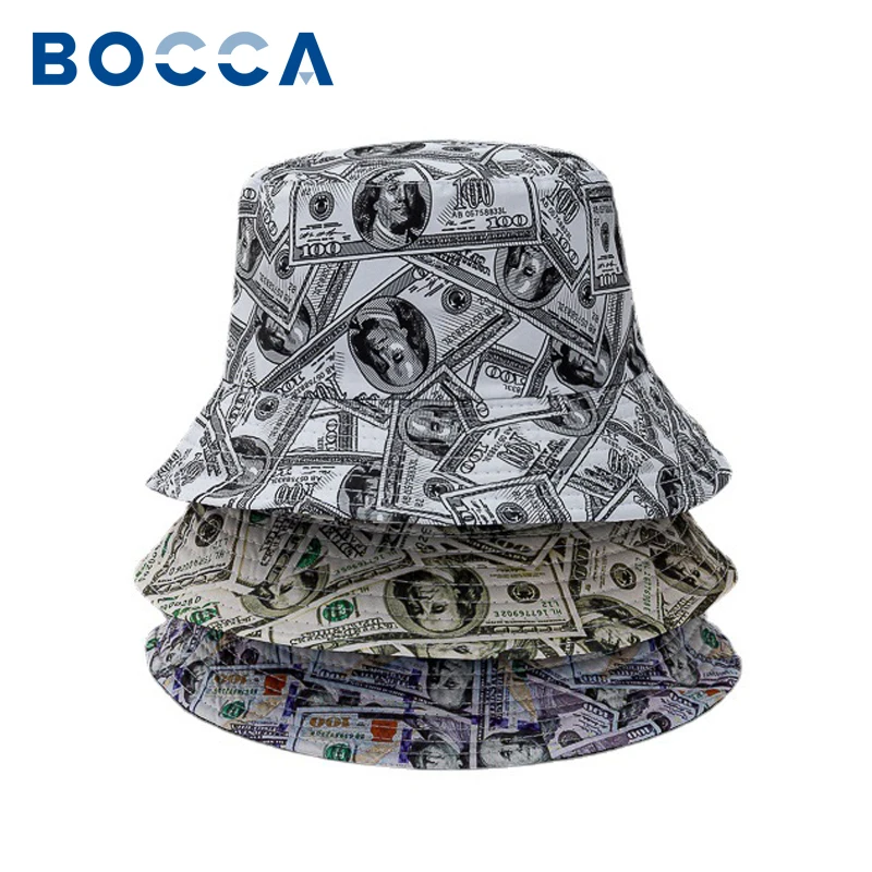 

Bocca Dollar Print Bucket Hat USD Money Panama Fisherman Hats Men Women Unisex Double Side Reversible Bob Chapeau Femme Summer