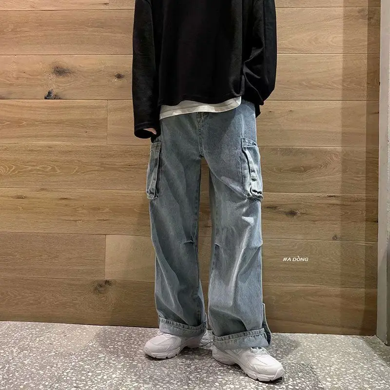 Denim Trousers Male Jeans Denim Cargo Pants Baggy Wide Leg Jeans Casual Autumn Winter Korean Streetwear Hip Hop Cowboy
