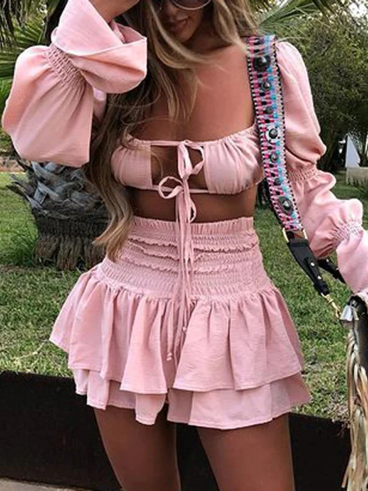 

Женский костюм с коротким топом и длинным рукавом, элегантный ажурный костюм с поясом и мини-юбкой, летний костюм, 2022