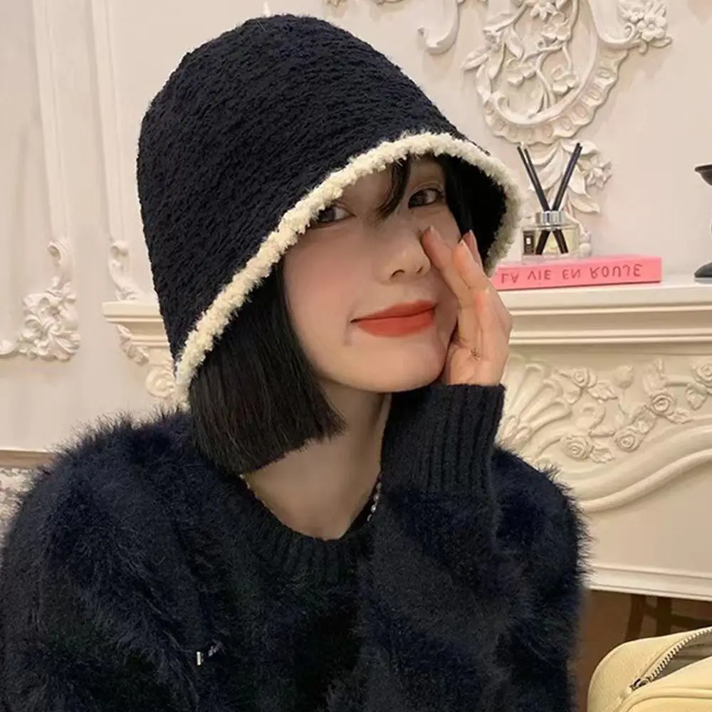

Fashion Contrast Knitting Lace Fisherman Hat Women's Autumn and Winter Warm Hip Hop Skull Bucket Cap Clothing Accessories