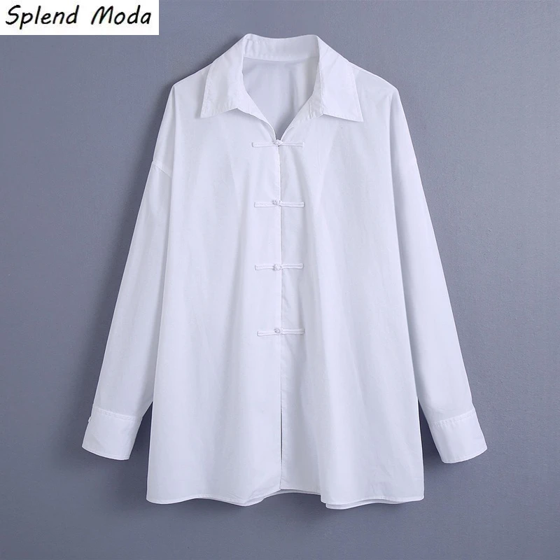 

Splend Moda Spring Autumn New Fashion Vintage Casual Single-Breasted Turn Down Collar Long-Sleeve Solid Loose White Shirt Women