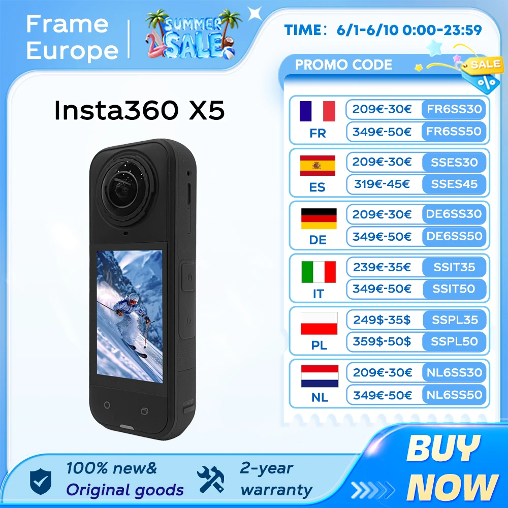Cámara de acción Insta360 X5 360°, impermeable, video 8K 30 fps, lente ultra‑wide