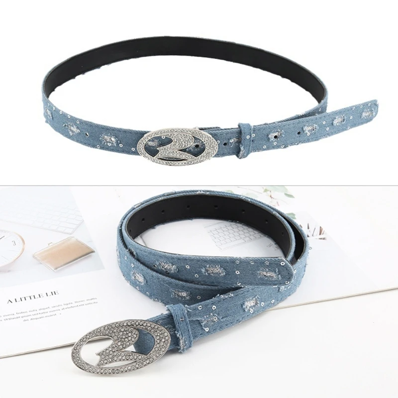 

652F Ladies Oval Buckle Waist Belt Blue Thin Waist Belt for Dress Jeans