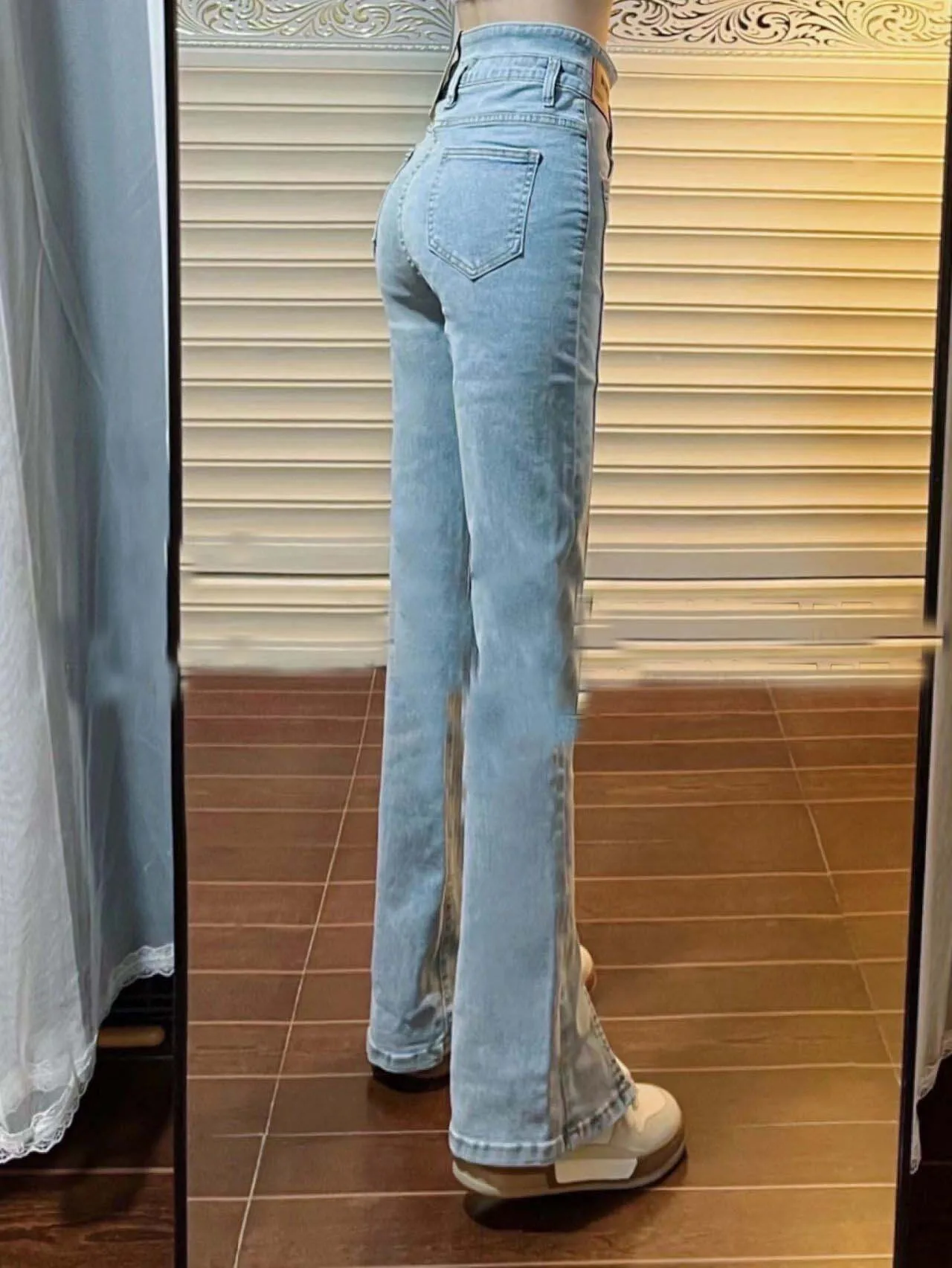 N1431  Slit micro-flare jeans women's spring and summer high waist straight mop wide leg pants jeans