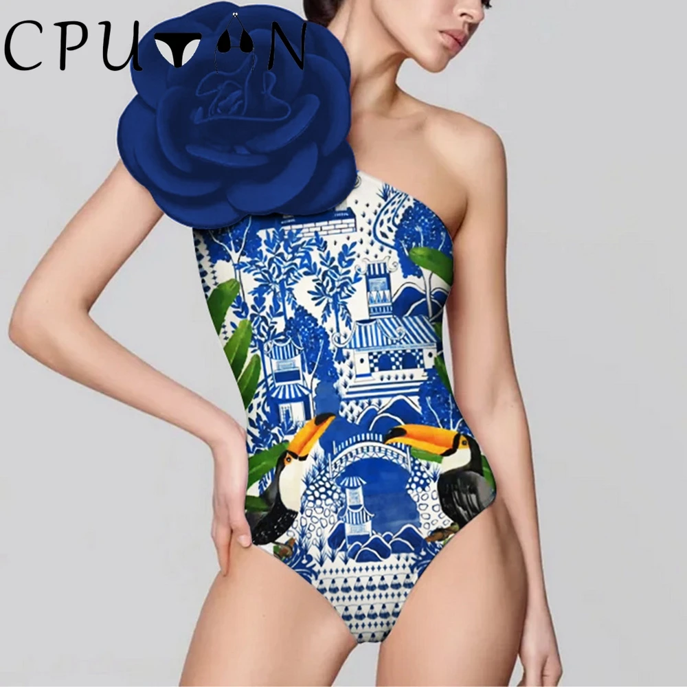 

CPUTAN New Sexy Blue 3D Flower One Shoulder Women Swimwear 2023 One Piece Swimsuit Print Monokini Swimming Suit Bikini Beachwear