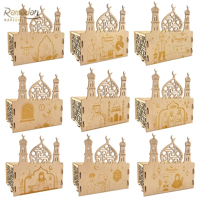 

Eid Mubarak Wood Box Candy Chocolate Dessert Food Tray Boxes DIY Craft Islam Muslim Ramadan Party Decoration Eid Al Adha Gift