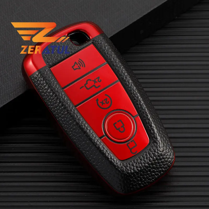 

5 Buttons Shell Fob Holder For Ford Fusion Mondeo Mustang Explorer Edge EcoSport TPU Leather Car Key Cover Keychain Protector