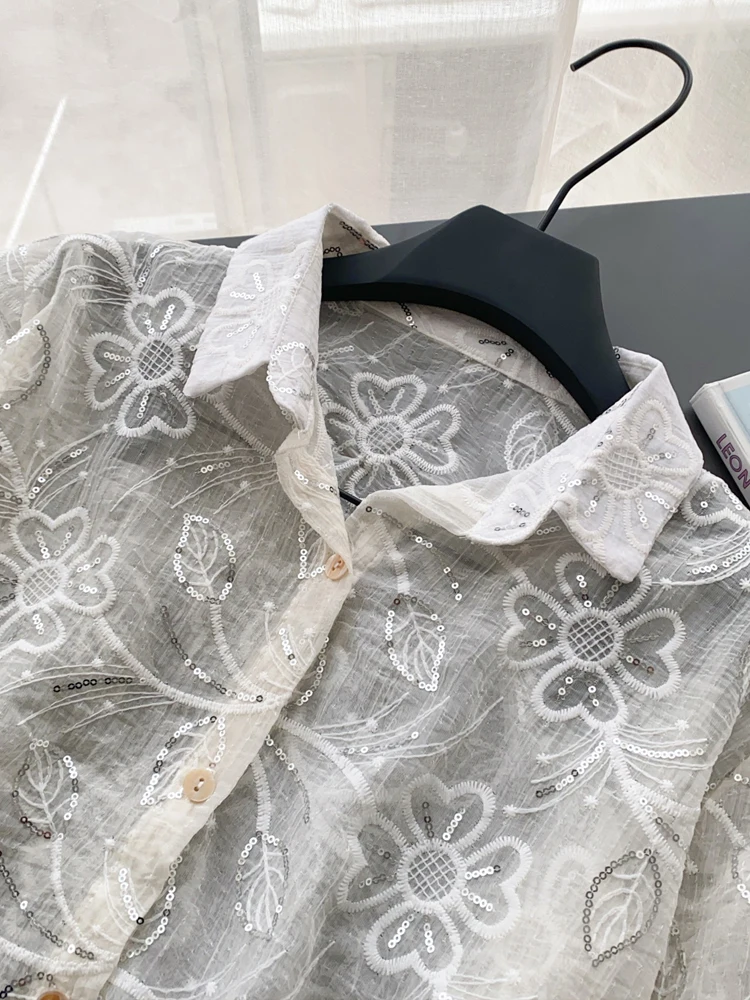 Уличная женская блузка с блестками рубашка длинными рукавами и цветочной