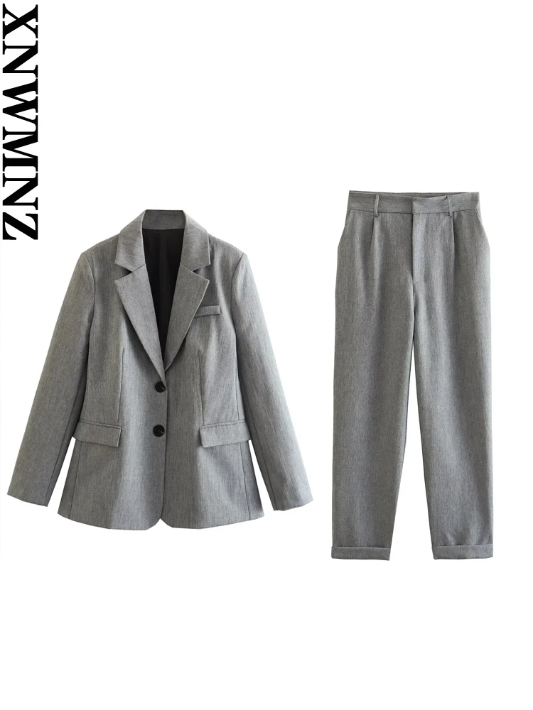 

XNWMNZ 2023 Women Fashion Straight Fit Blazer or High Waist Zipper Turn-up Hem Pants Office Lady Chic Female Two-piece Set