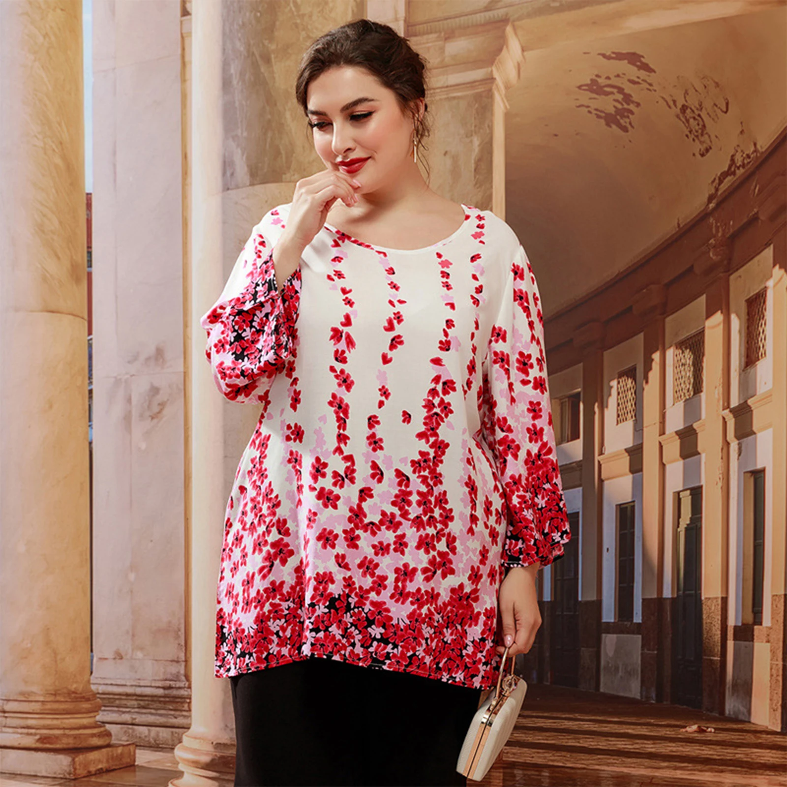 

Women Plus Size 3/4 Sleeve Shirts Ethnic Vintage Floral Print Tunic Blouse Flared Hem Middle East Casual Loose Top