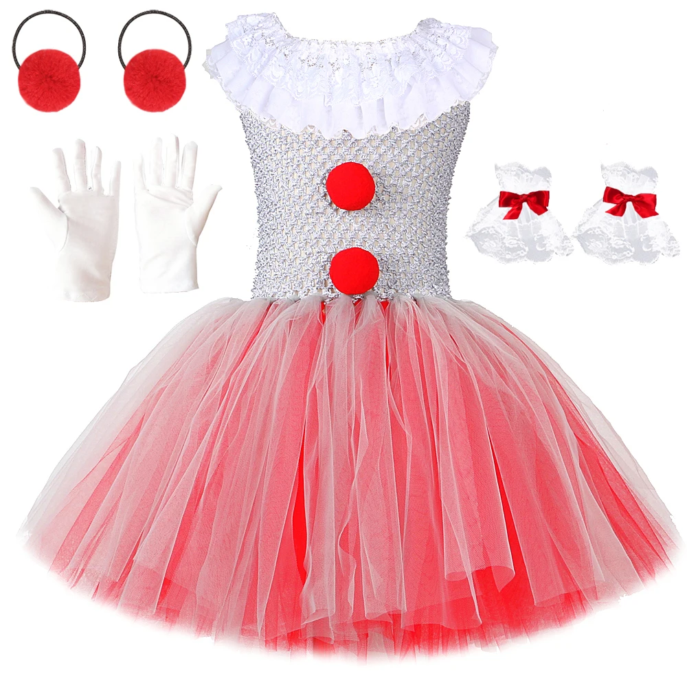 

Red Gray Clown Costumes for Girls Halloween Tutu Dress with Lace Collar Kids Joker Cosplay Outfit Children New Year Clothes Set