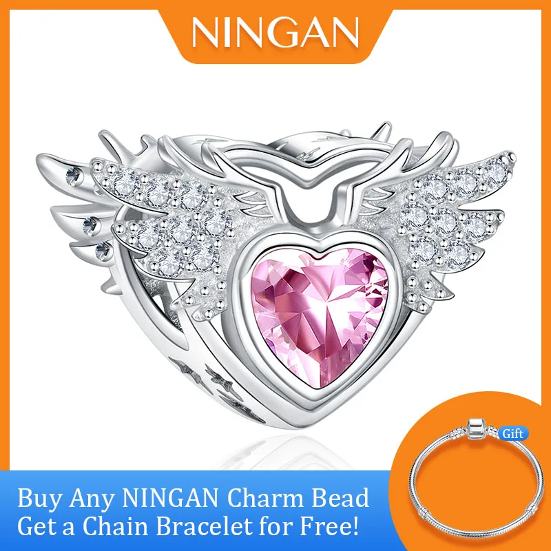 

NINGAN Sparkling Pink Zircon Birthstone Charm Wife Girlfriend Birthday Gift Diy 925 Sterling Silver Beads for Necklace Bracelet