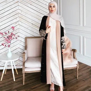 Donsignet Muslim Dress Muslim Fashion Abaya Dubai Gold Lace Panel Cuffs Black Pearls Woman Abaya Elegant Long Dress Abaya Turkey