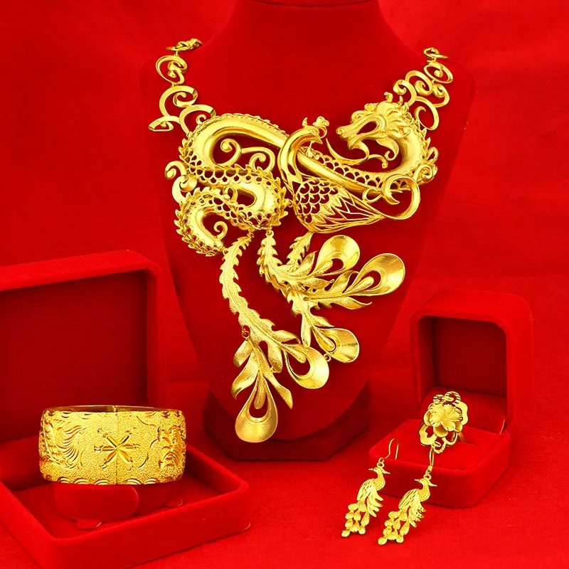 New gold wedding hollow set plated 24K gold gold dragon and phoenix bracelet phoenix ear hook flower ring wedding jewelry