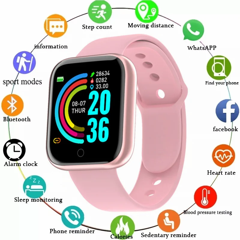 

Black Pink Smart Watch Men Women Sports Bracelet Fitness Calorie Monitor Bluetooth Connected Y68 Android Smartwatch For Kids D20