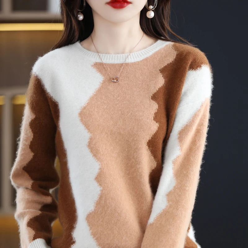 2022 Autumn and Winter New Cashmere Sweater Women's O-Neck Pullover 100% Pure Wool Stitching Contrast Color Knitted Tops Jac