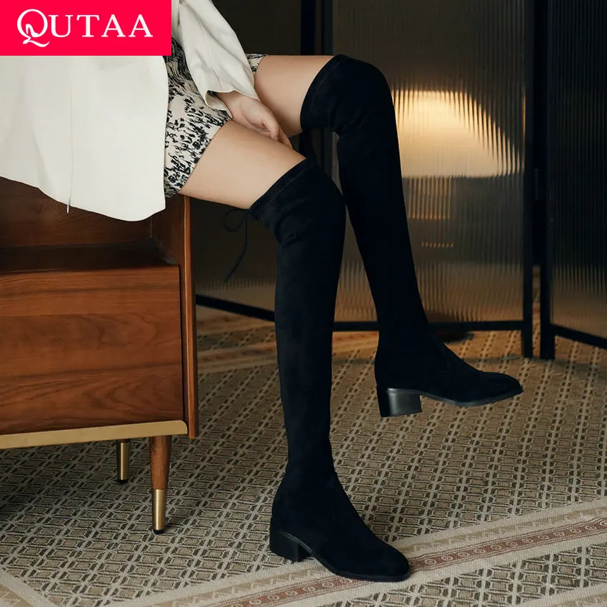 

QUTAA/2023 г. Женские ботфорты Офисная Женская обувь из микрофибры, Осень-зима, квадратный носок, средний каблук, обувь на шнуровке размер 34-43