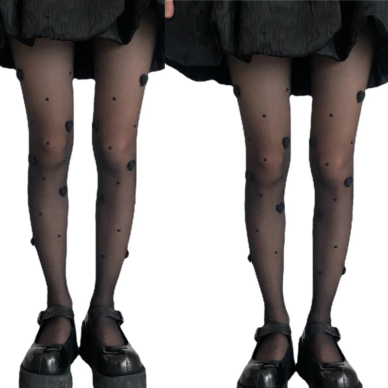 

Women Goth Black Thin Transparent Pantyhose Harajuku Japanese Lolita Sweet Pearl Beaded Love Heart Sheer Tights Stocking