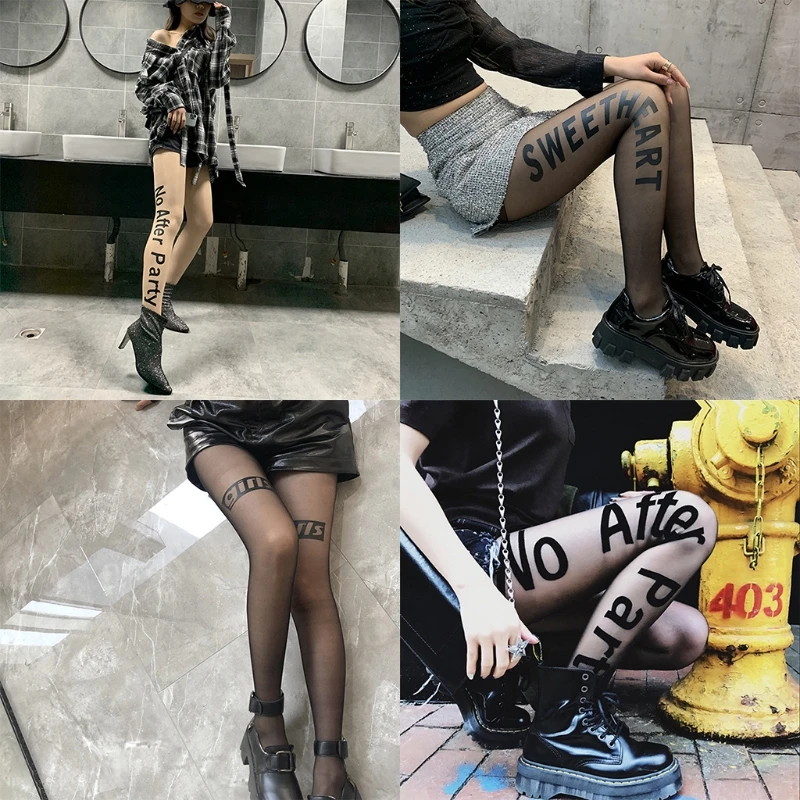 

Women Sexy Ultra-Thin Sheer Tattoo Tights Letter Print Silky Stockings Pantyhose 37JB