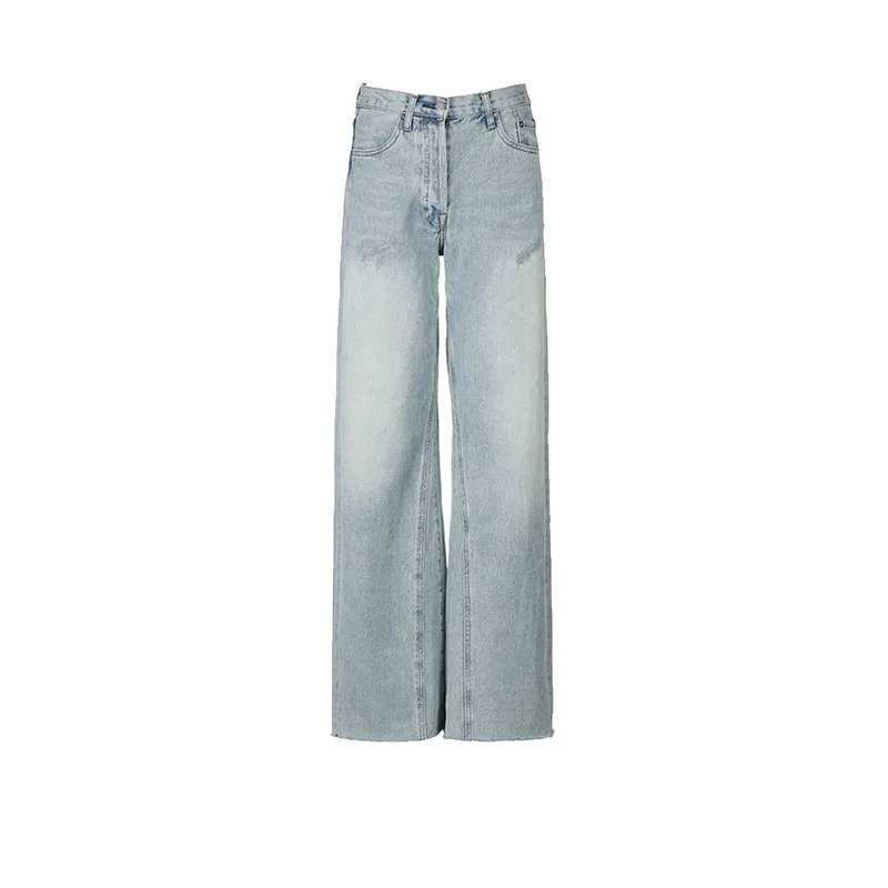 

Straight Tube Floor Dragging Super Long High Waist Wide Leg Retro Stitching Light Blue Versatile Women's Jeans