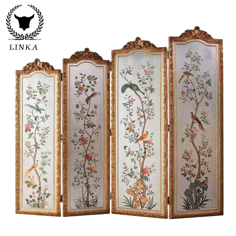 

French porch with silver foil bottom hand-painted solid wood birch hand-carved gold double-sided screen four pages