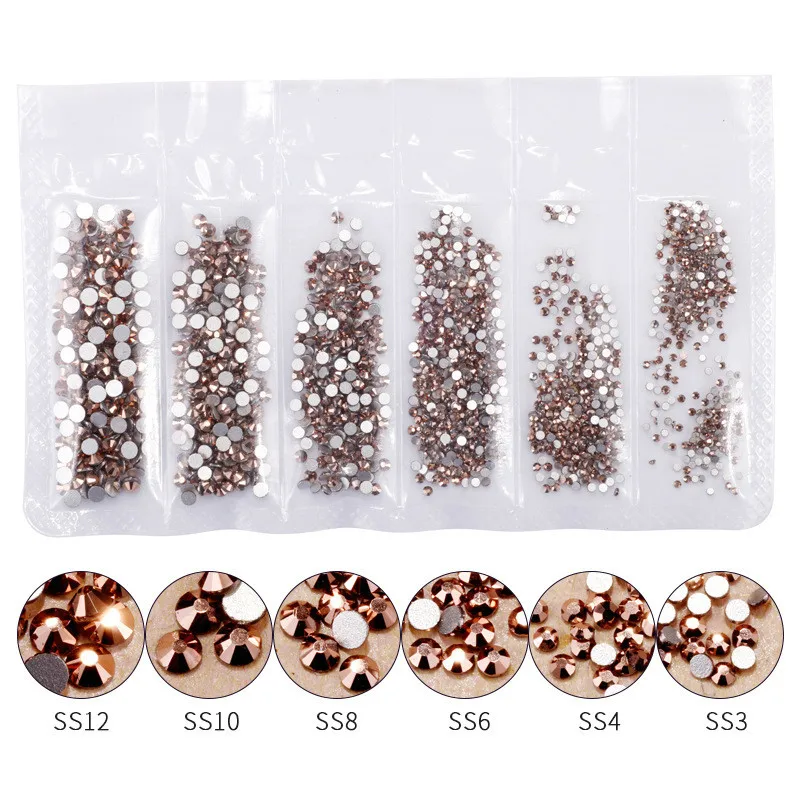 1440pcs Rainbow Rose Gold Shiny Rhinestone for Nails AB Color SS3-12 Glass Crystal Flame Diamond Stones 3D Nail Art Decorations