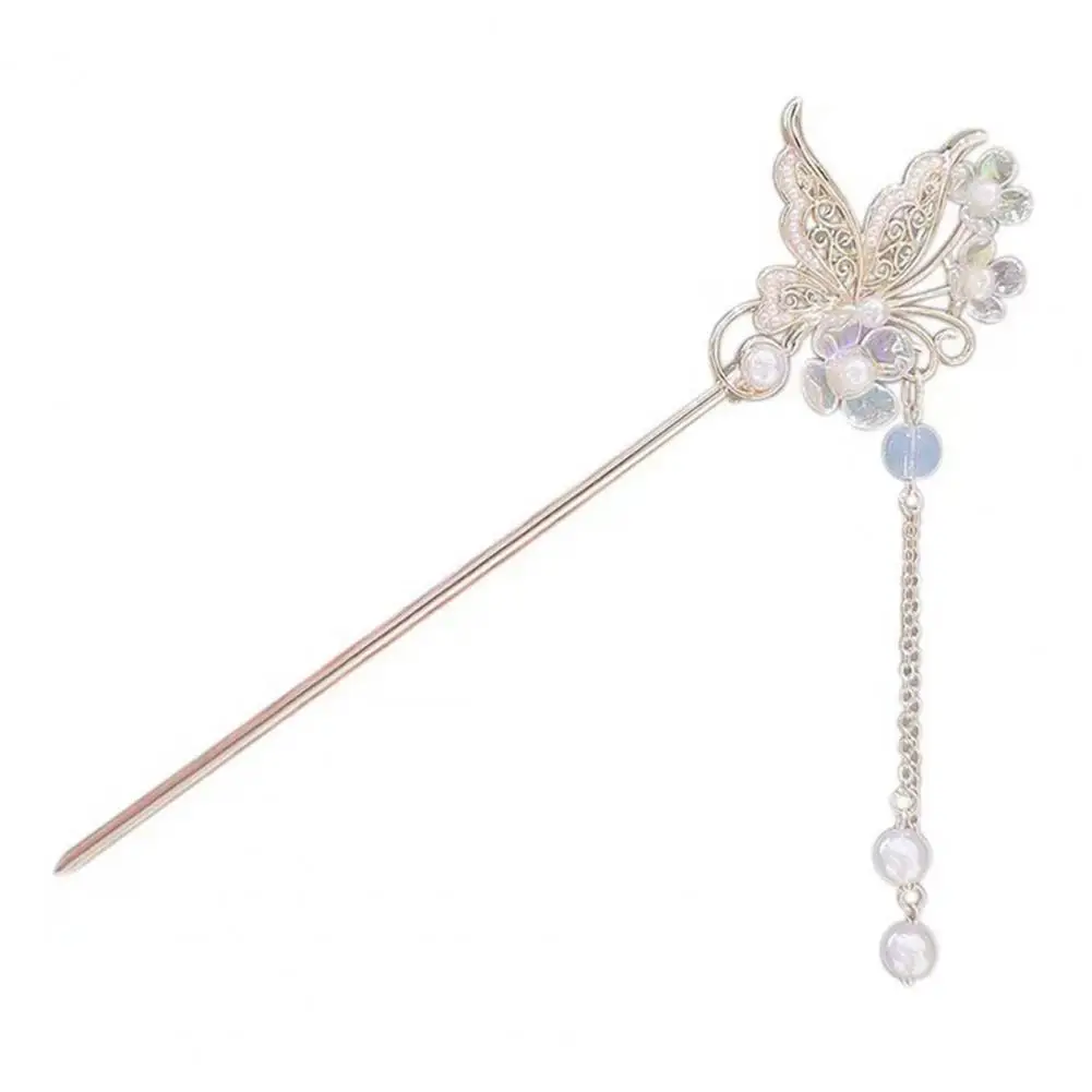 

Lady Back Head Hair Chopstick Elegant Lady's Chinese Style Hair Stick with Faux Pearl Tassels Hollow Butterflies Exquisite Back