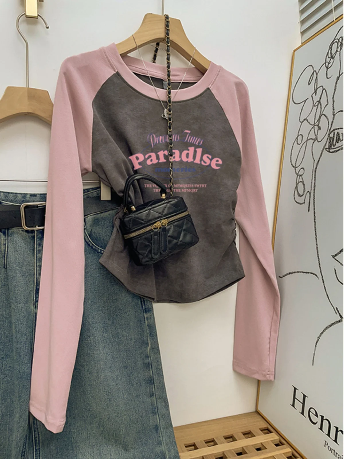 Raglan Sleeves Tie-dye Inner wear Early Autumn Top 2024 New Plus size Chubby Girl Short Slim fit American vintage Clothes