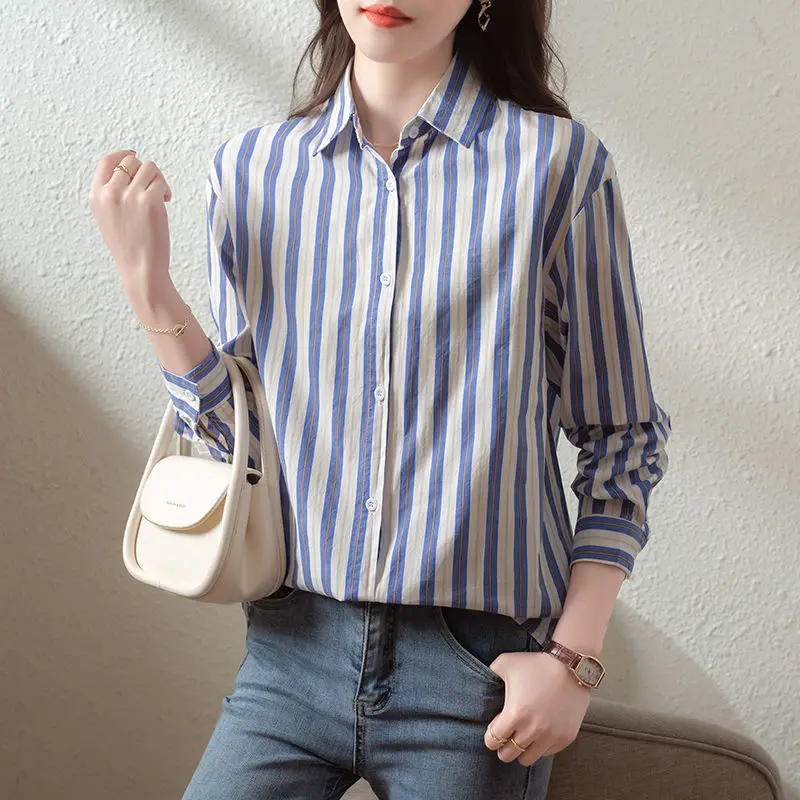 

Fashion Female Long Sleeve Top Blouses 2022 Striped Shirts Womens Tops Button Up Shirt Polo Neck Female Clothing Basic Y6