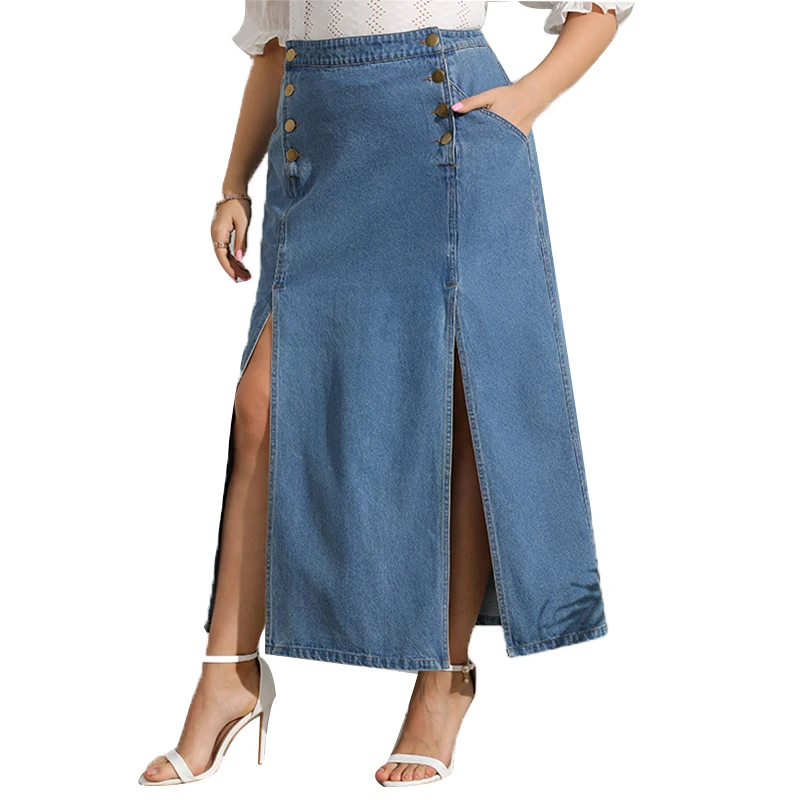 Side Slit Plus Size Denim Skirts Women Solid Color High Waist A Line Loose Casual Retro Button 2022 Female Fashion Length Skirt
