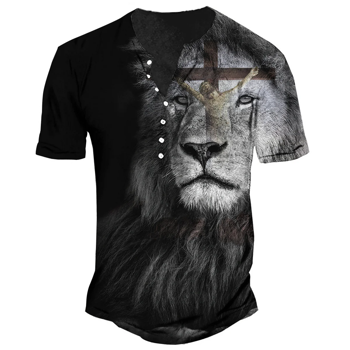 

Men's Lion Print T-shirt Jesus Pattern Short Sleeve Punk Tops Fashion V-neck Oversized Cotton Tees Summer Street Vintage Clothes