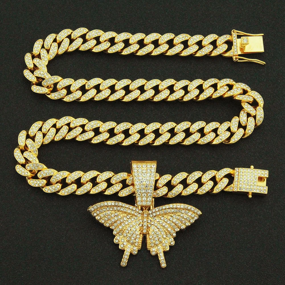 

Men Women Hip Hop Iced Out Bling butterfly Pendant Necklace with 13mm Miami Cuban Chain HipHop Necklaces Fashion Charm Jewelry